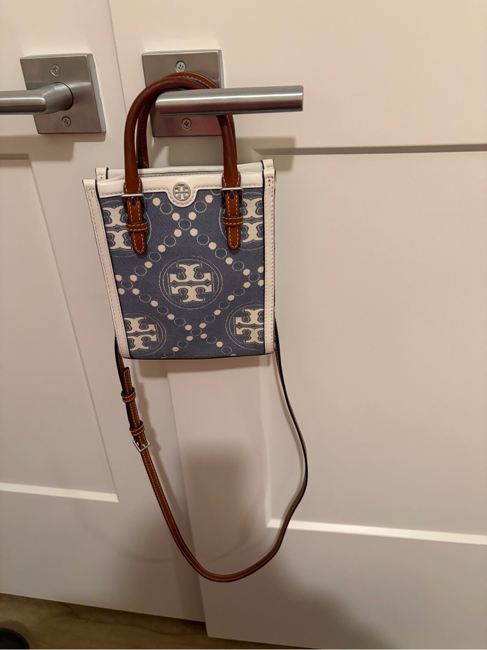 Tory Burch Blue Logo Canvas Mini Tote with White Trim and Brown Leather Handles